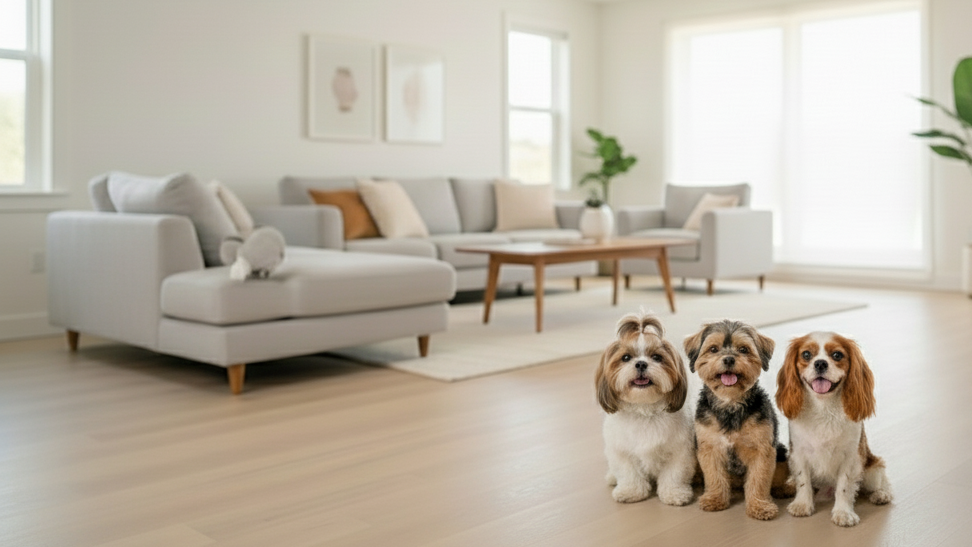I want a nice background of a modern home, the focus will be on three small dogs on the right side of the image leave a space on the left. teh breeds of dog will be a morkie, shih tau, and cavalier. will fit an image banner. and make the dogs look happy.